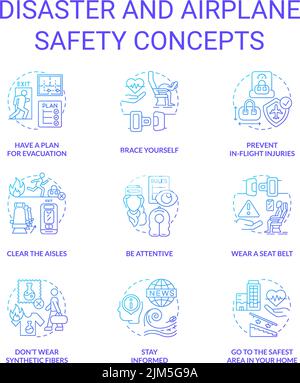 Disaster and airplane safety blue gradient concept icons set Stock Vector