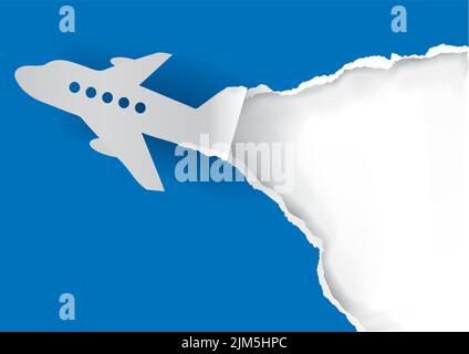 Airplane ripping paper, advertisement background. Paper silhouette of airplane tearing blue paper. Original Banner template.Vector available. Stock Vector