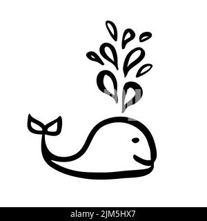Cute cartoon whale solashing water, hand painted with ink brush stroke, isolated on white background. Grunge vector illustration Stock Vector