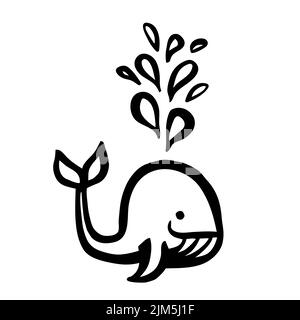 Cute cartoon whale solashing water, hand painted with ink brush stroke, isolated on white background. Grunge vector illustration Stock Vector