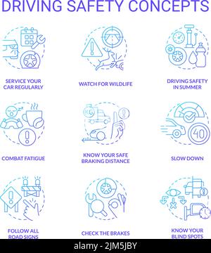 Driving safety blue gradient concept icons set Stock Vector