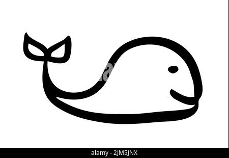 Cute cartoon whale hand painted with ink brush stroke, isolated on white background. Grunge vector illustration Stock Vector