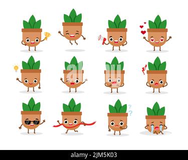 Flower pot with houseplant emoji set characters. Flat vector illustration for web and graphic design Stock Vector