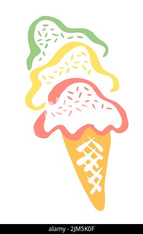Ice Cream in a waffle cone drawing hand painted with ink brush isolated on white background. Vector illustration Stock Vector