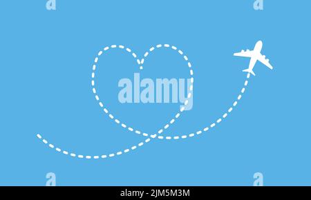 irplane route dashed line path with heart shape vector icon. Love travel concept. Honeymoon tour Stock Vector