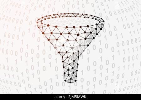 Funnel 3d low poly symbol with binary code background. Data filter design vector illustration. Big data polygonal symbol with connected dots Stock Vector