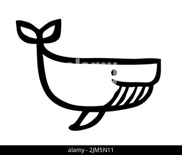 Cute cartoon whale hand painted with ink brush stroke, isolated on white background. Grunge vector illustration Stock Vector