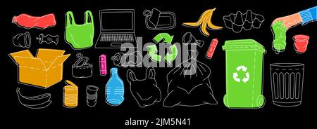 Set of different types outline garbage symbol. Plastic, glass, metal, paper, organic waste illustration. Unsorted garbage line set Stock Vector