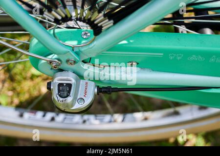 A top view of "Nexus" branded gears on a green bicycle wheel Stock Photo