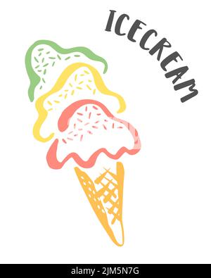 Ice Cream in a waffle cone drawing hand painted with ink brush isolated on white background. Vector illustration Stock Vector