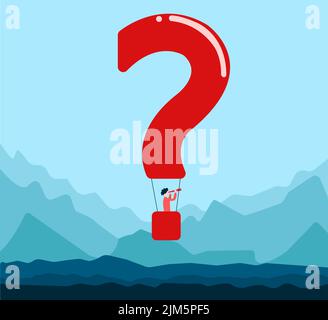 Illustration of a man flying in the sky looking for answer to his uncertainty and problems of business or life Stock Vector
