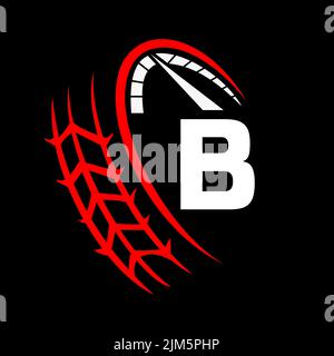 Car Automotive Logo On Letter B Speed Concept. Sport Car Template For Car Service, Car Repair With Speedometer B Letter Logo Design Stock Vector