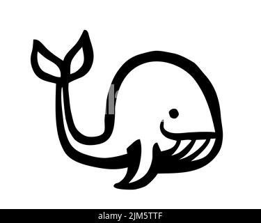 Cute cartoon whale hand painted with ink brush stroke, isolated on white background. Grunge vector illustration Stock Vector