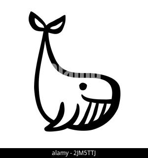 Cute cartoon whale hand painted with ink brush stroke, isolated on white background. Grunge vector illustration Stock Vector