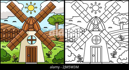 Windmill House Coloring Page Colored Illustration Stock Vector