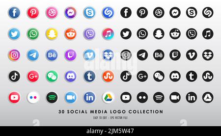 Social media icon or vector set collection set with facebook, instagram, twitter, tiktok, youtube modern circle logos Stock Vector