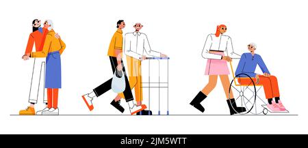 Volunteers helping senior people with disability walk, go shopping, ride wheelchair cartoon flat illustration set. Young men and women taking care of happy elderly relatives. Family support concept Stock Vector