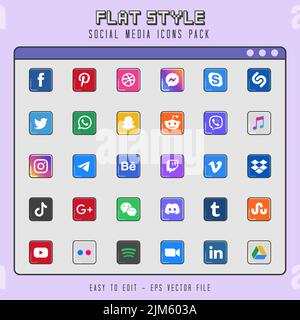 Social media icon or vector set collection set with facebook, instagram, twitter, tiktok, youtube flat style logos Stock Vector