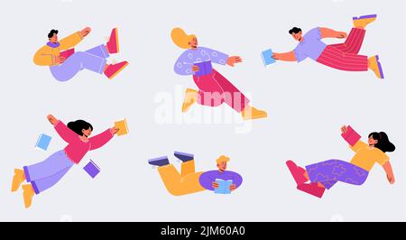 People reading books falling or flying in air. Happy male and female characters dive into fantasy world, relaxed sparetime, students education, read literature, line art flat vector illustration, set Stock Vector