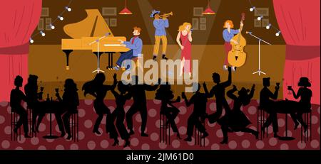 Jazz club with music band on stage and people dance and drink wine. Vector flat illustration of live concert in cafe or restaurant with musicians and singer on scene and dancers silhouettes Stock Vector