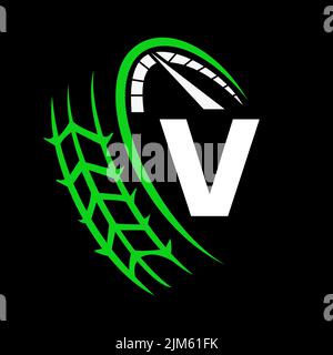 Car Automotive Logo On Letter V Speed Concept. Sport Car Template For Car Service, Car Repair With Speedometer V Letter Logo Design Stock Vector
