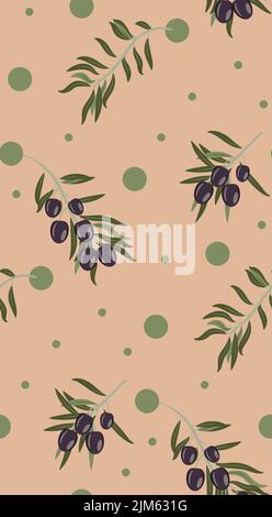 Vintage dark olives on branch with leaves pattern design. Stock Vector