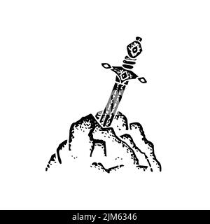 Sword in Stone Dotwork. Vector Illustration of Hand Drawn Objects. Stock Vector
