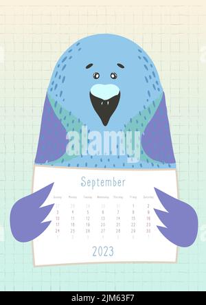 2023 september calendar, cute pigeon holding a monthly calendar sheet, hand drawn childish style. Stock Vector