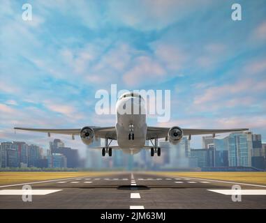 Airplane in the sky, runway and take-off plane. Banner or flyer for ...