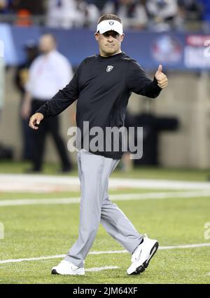 Canton, United States. 04th Aug, 2022. Las Vegas Raiders head coach Josh McDaniels gives the thumbs up prior to the start of the Pro Football Hall of Game against the Las Vegas Raiders in Canton, Ohio, on Thursday, August 4, 2022. Photo by Aaron Josefczyk/UPI Credit: UPI/Alamy Live News Stock Photo