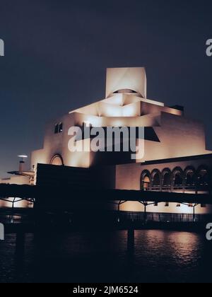 The Museum of Islamic Art (MIA) at night, in Doha, Qatar