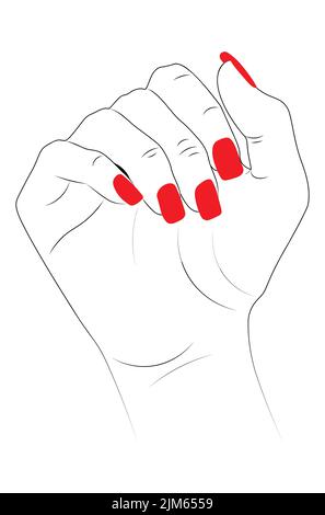 Human hand with red nail polish, line art style, minimalism. Stock Vector