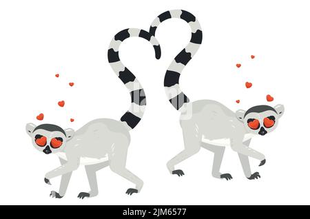 Cute cartoon gray lemur catta couple with big red heart illustration. Stock Vector