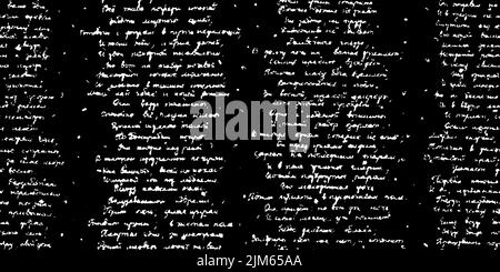 White handwritten illegible poetry text seamless pattern with blots on black background. Old script texture. Monochrome notebook vintage page. Retro u Stock Vector