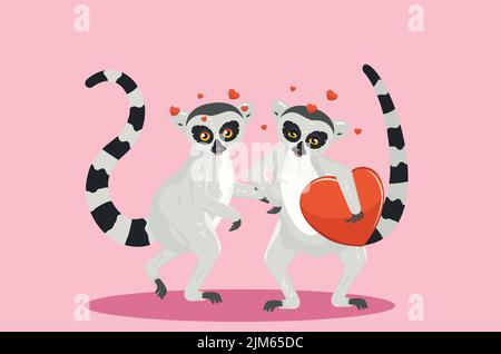 Cute cartoon gray lemur catta couple with big red heart illustration. Stock Vector