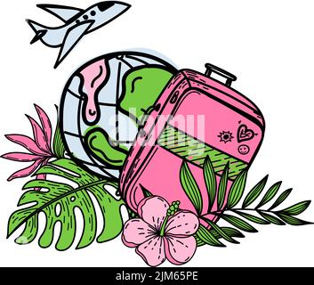 Banner for advertising world tourism, travel with a cartoon suitcase and tropical flowers and leaves. Flying airplane around the Earth. Vector illustr Stock Vector