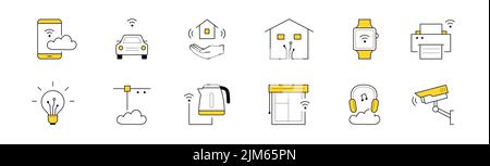 Smart home, internet of things technology outline icons. Vector doodle symbols of mobile phone, wireless watch, headphones, printer, remote control of light, car, camera Stock Vector