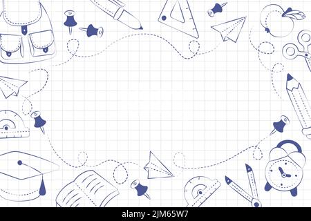 background hand drawn blue ink school supplies vector Stock Vector