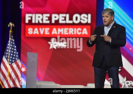 Dallas, TX, USA. 4th Aug, 2022. (NEW) Sean Hannity delivers remarks at the Conservative Political Action Conference 2022 in Dallas, Texas. August 4, 2022, Dallas, TX, USA: Sean Hannity, Fox News TV host, delivers remarks during the Conservative Political Action Conference (CPAC), held in Texas, in United States, on Thursday (4). The conference which goes on till Sunday (07), is broadcast live on the CPAC website and online on Fox Nation and it focuses on immigration, the border, the left gender and policies being pushed by democrats in the United States and also on the war in Ukraine and Russ Stock Photo