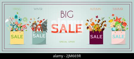 Advertising poster for black Friday, packages with goods for winter, spring, summer, autumn. Banner for discounts and sales. A poster with an Stock Vector