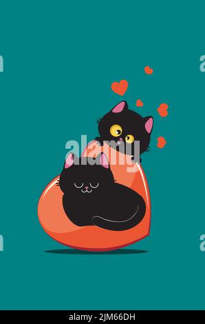 Couple of black cats on big red heart illustration. Stock Vector