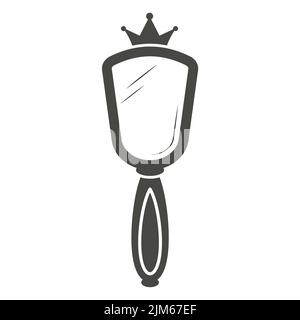 Vintage princess hand mirror in royal style on white background. Retro frame design with crown for baby girl birthday and party. Vector silhouette Stock Vector