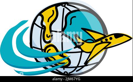Flying airplane around the globe, hand-drawn doodle. Concept of around-the-world travels. World tourism. Isolated vector object on white background Stock Vector