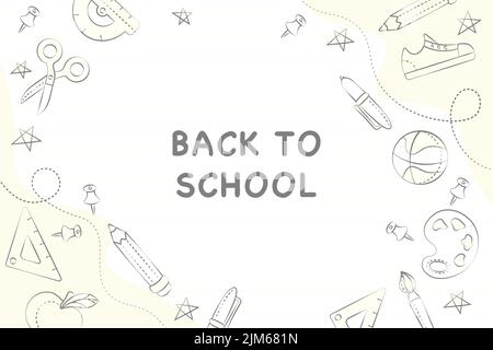 light background with yellow elements and freehand drawings school theme school supplies ball Stock Vector
