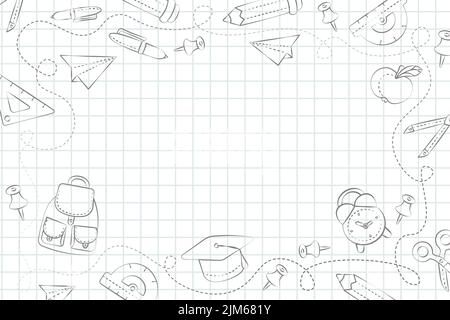 light background vector notebook in a cage with a freehand drawing of stationery items back to school Stock Vector