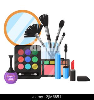 Beauty cosmetics for makeup advertisement. Vector lipstick, eyeshadow palette, mascara, different brushs and eyeliner product design. Promotion shop s Stock Vector