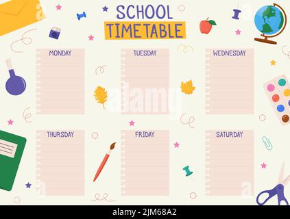 Cute childish school timetable, weekly classes schedule for kids with school supplies. Printable planner, diary for student. Stationery set for Stock Vector