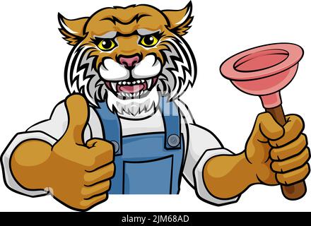 Wildcat Plumber Cartoon Mascot Holding Plunger Stock Vector