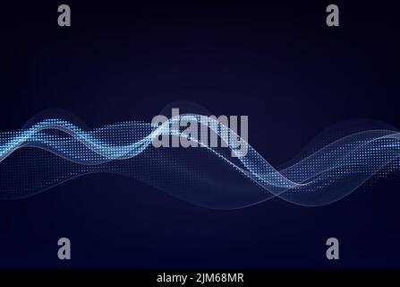 Smooth smoke particle wave, big data techno background with glowing dots, hi-tech concept, blue color Stock Vector