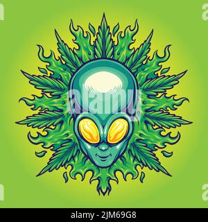 Alien head with weed plant vector illustrations for your work logo ...